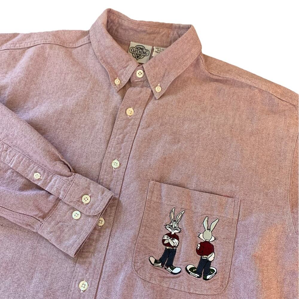 Acme Button Down Shirt Men's Large Purple Looney Tunes Bugs Bunny Pocket Vtg 90s